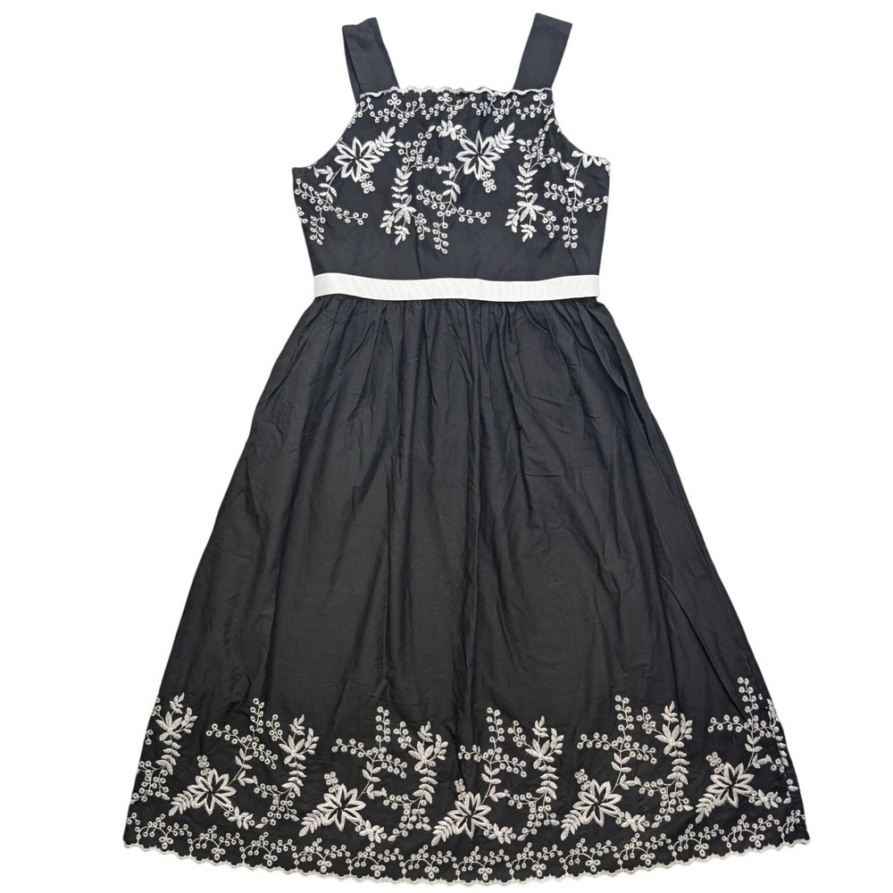 Rare Editions Floral Embroidered Dress Girls 10 Black White Scalloped Hem Midi